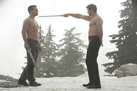 Arrow -- "The Climb" -- Image AR309b_0261b -- Pictured (L-R): Stephen Amell as Oliver Queen and Matt Nable as Ra's al Ghul -- Photo: Cate Cameron/The CW -- ÃÂ© 2014 The CW Network, LLC. All Rights Reserved.
